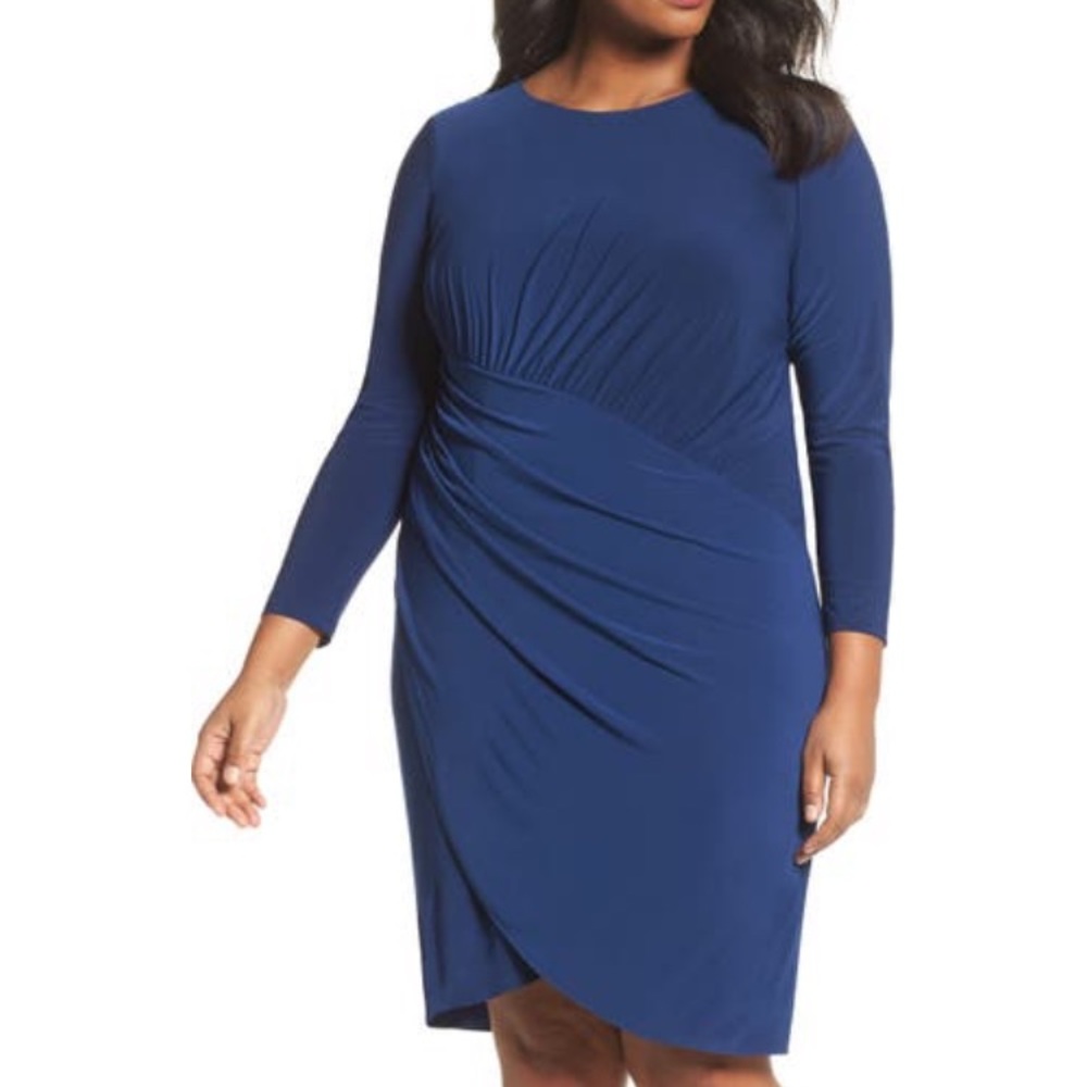 Adrianna Papell Faux Wrap Long Sleeve Jersey Dress - Plus Size 20W - Blue